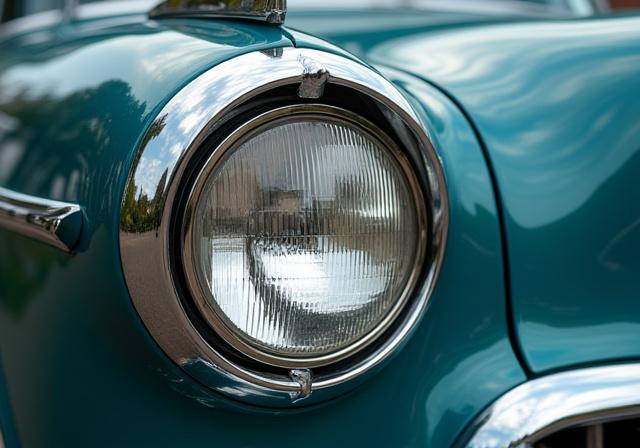 Premiers phares d'une ancienne voiture après une restauration minutieuse.
